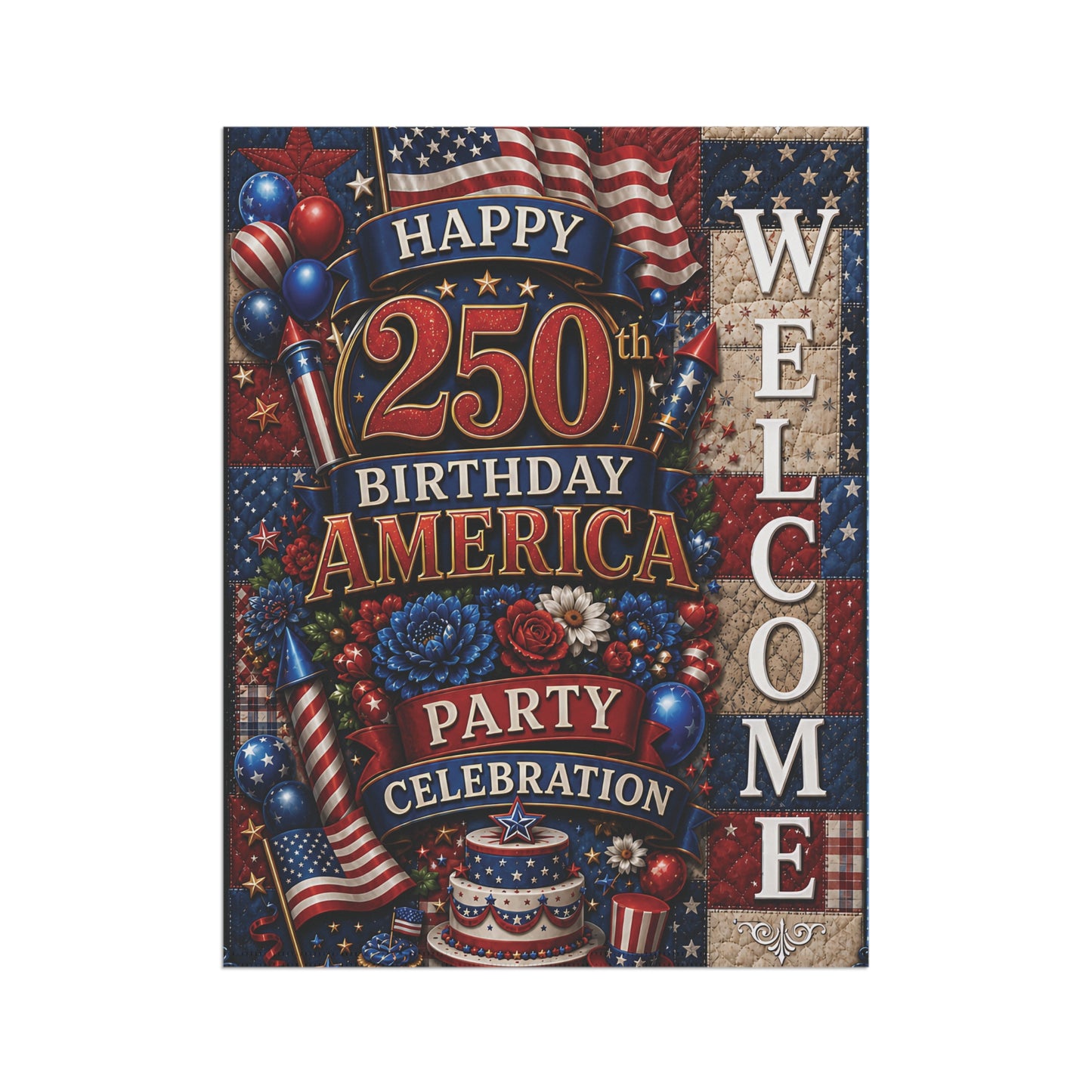 Welcome 250th Birthday America Garden Flag — Patriotic Party Celebration Banner