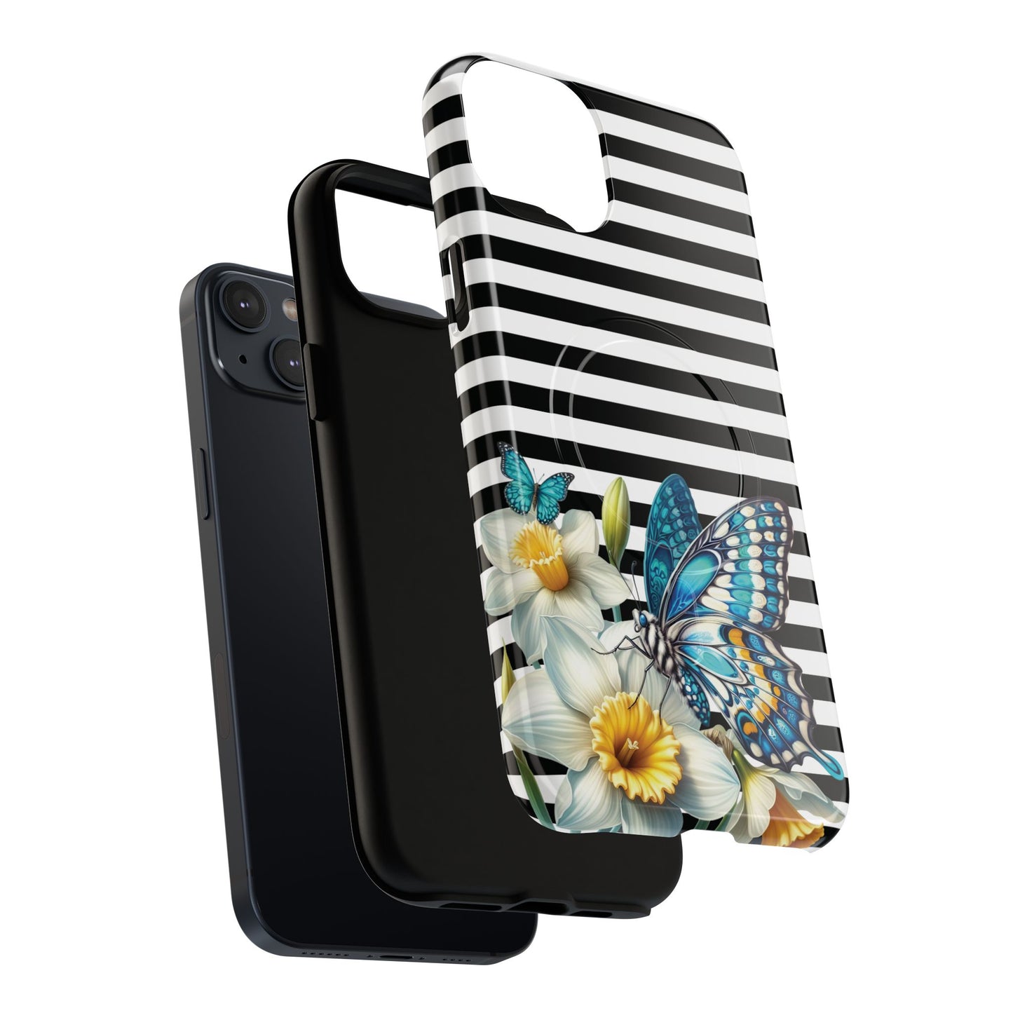 Daffodil Flutter Tough iPhone Magnetic Case, Floral iPhone Accessories, Stylish iPhone Cover, Black Striped Design, Gift for Her, Trendy iPhone