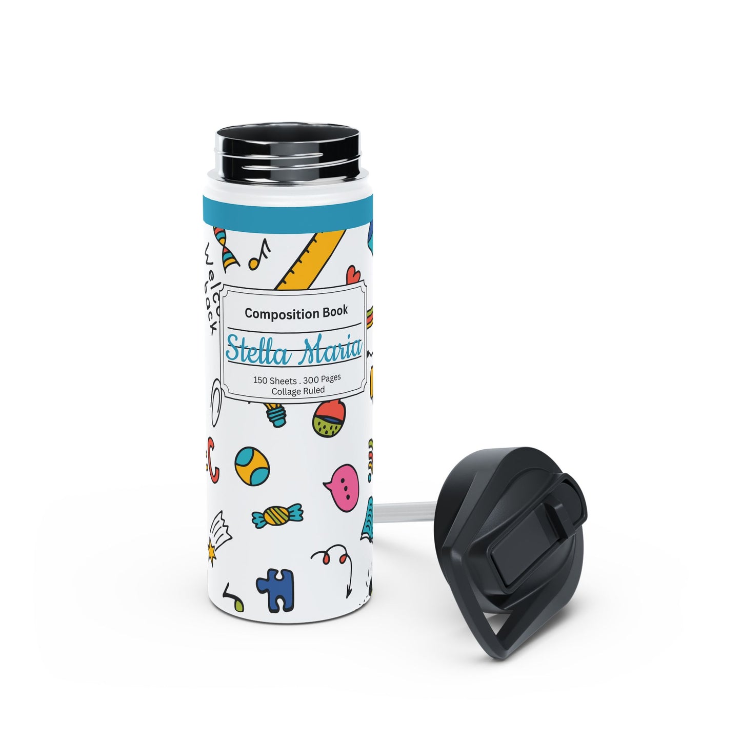 Personalized Classroom Couture Composition Book Inspired Stainless Steel Water Bottle for Kids, School Supplies, Eco-Friendly Drinkware, Back to School, Teacher Gifts