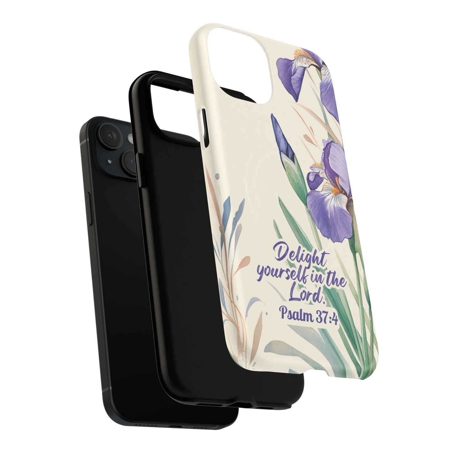 Delight yourself in the Lord Psalm 37:4, Inspirational Gift, iPhone Magnetic Case Scripture, Floral Bible Verse, MagSafe® iPhone® Tough Case, iPhone 14, iPhone 15, iPhone 16, Pro, Pro Max, Plus.
