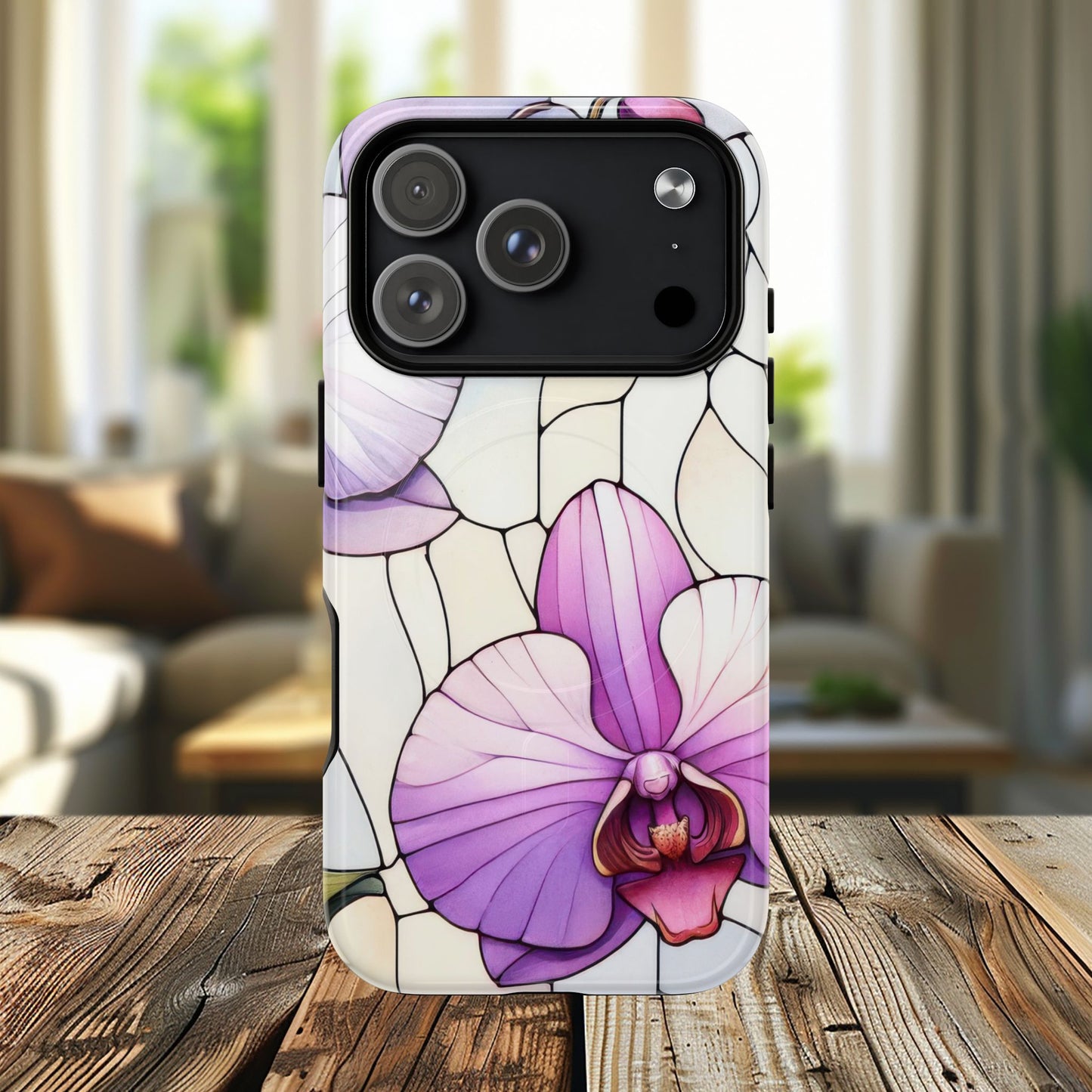 Orchid Grace Tough iPhone Magnetic Case, Protective iPhone Cover, Trendy Stained Glass Design, Floral Gift, Unique iPhone Accessory, Durable iPhone Case
