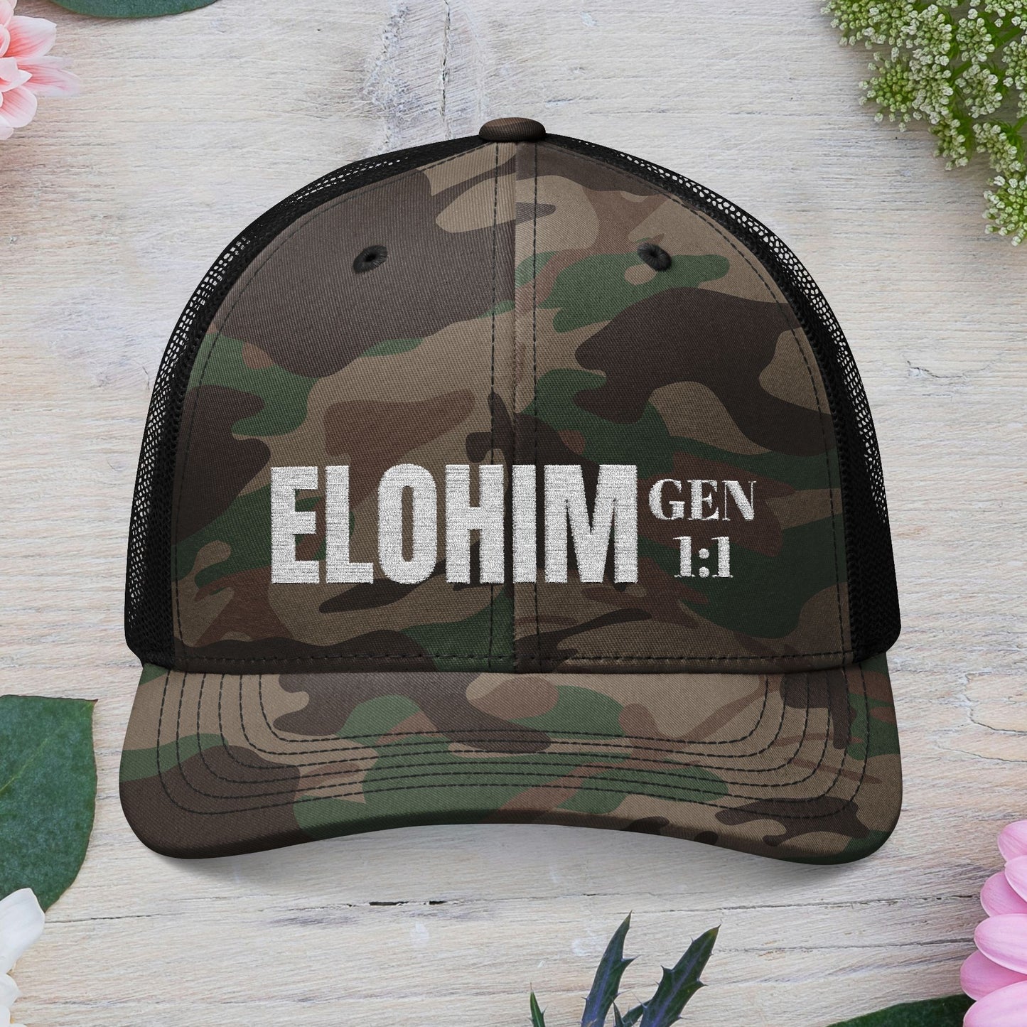 Camouflage Embroidered Trucker Hat with 'ELOHIM, GENESIS 1:1', Casual Style Hat, Adjustable, Unisex, Perfect Gift for Outdoors, Festivals, Daily Wear.