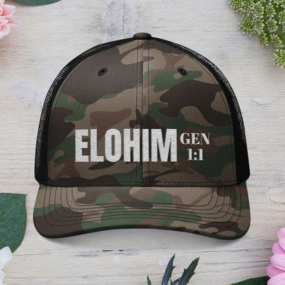 Camouflage Embroidered Trucker Hat with 'ELOHIM, GENESIS 1:1', Casual Style Hat, Adjustable, Unisex, Perfect Gift for Outdoors, Festivals, Daily Wear.