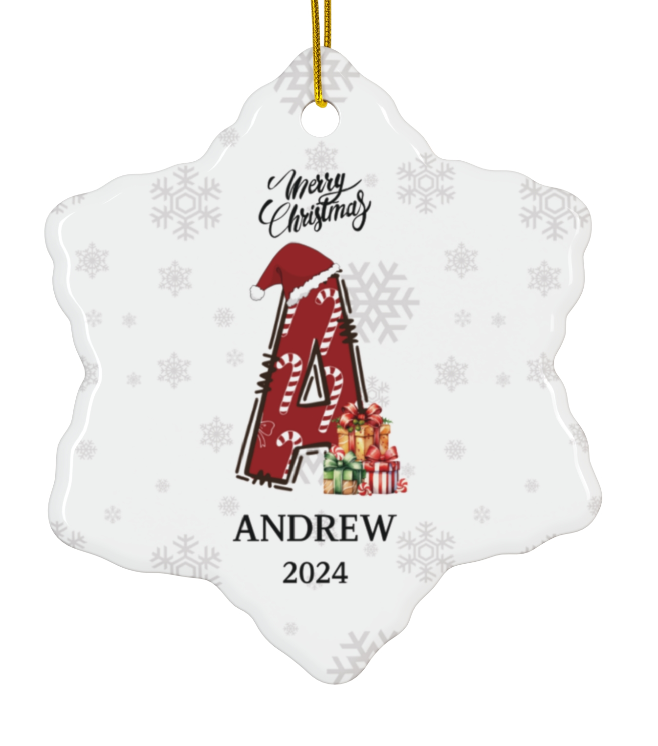 Personalized Initial Candy Cane ''A'' Ceramic Ornament- 4 shapes