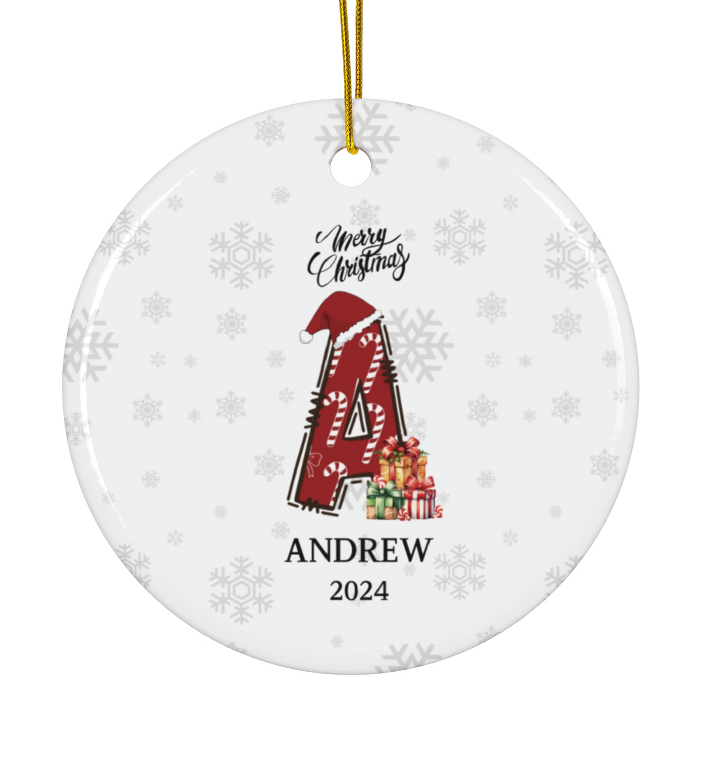 Personalized Initial Candy Cane ''A'' Ceramic Ornament- 4 shapes