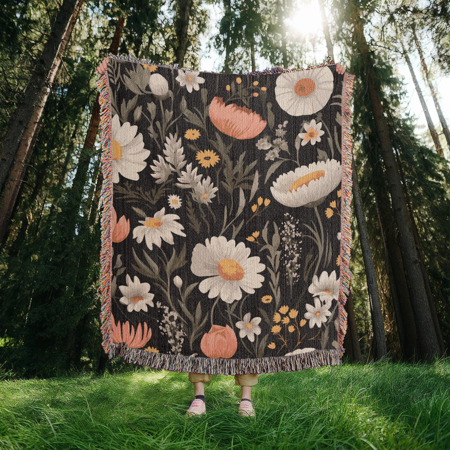 Blossom Elegance: Noir Garden Tapestry Woven Blanket