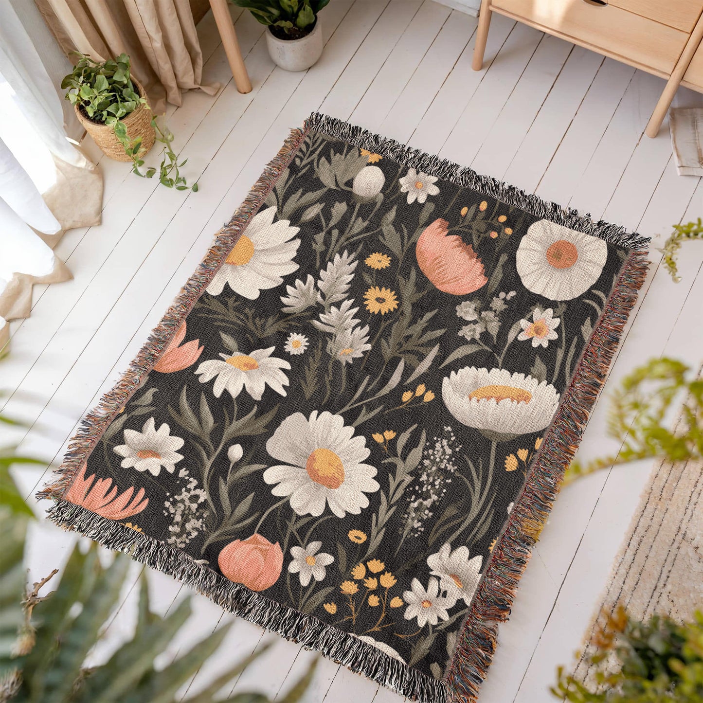 Blossom Elegance: Noir Garden Tapestry Woven Blanket