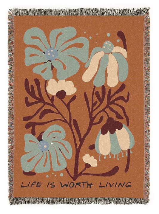 Life is Worth Living Brown Tapestry Woven Blanket