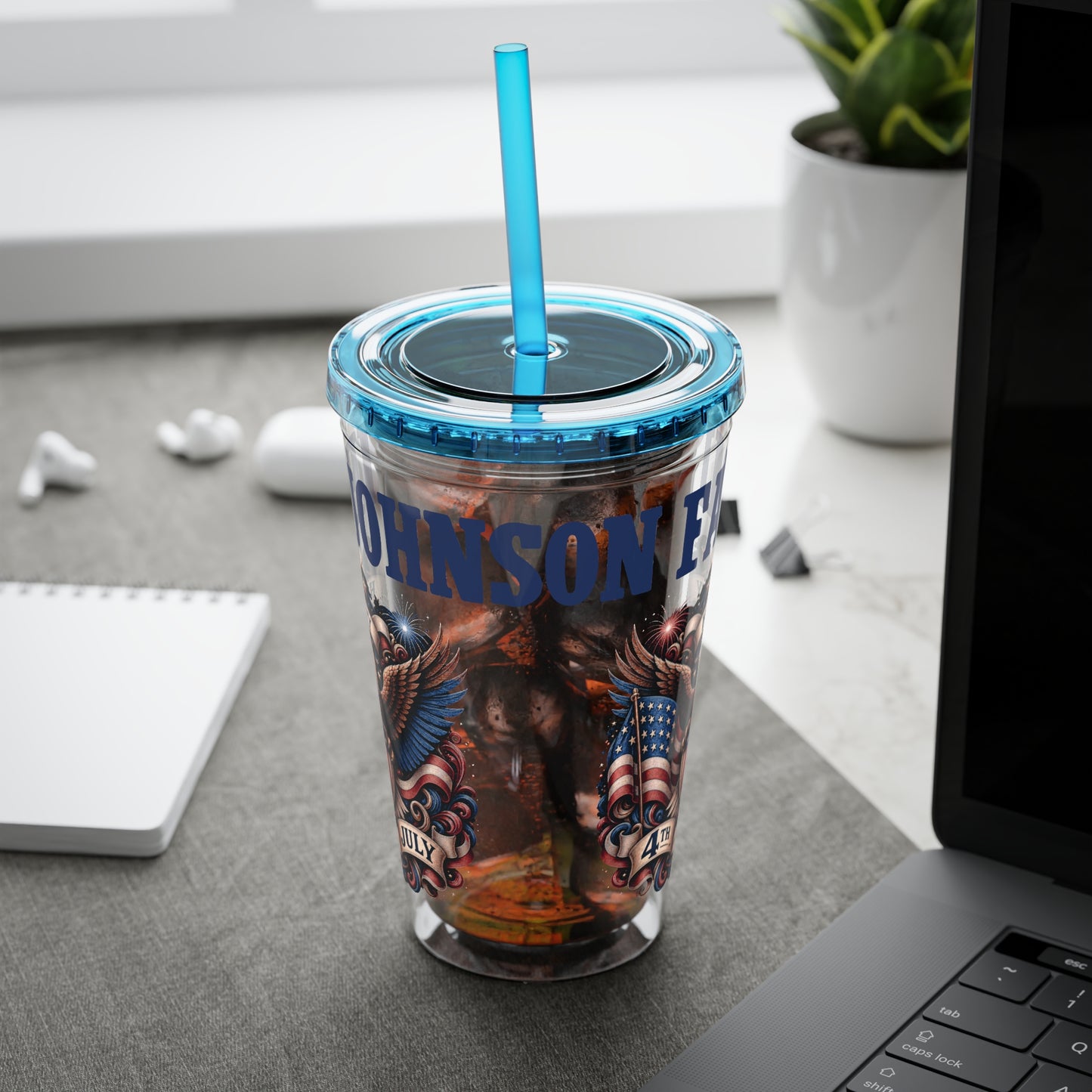 Patriotic Eagle 16oz Tumbler with Straw — "Happy 4th of July" USA Design