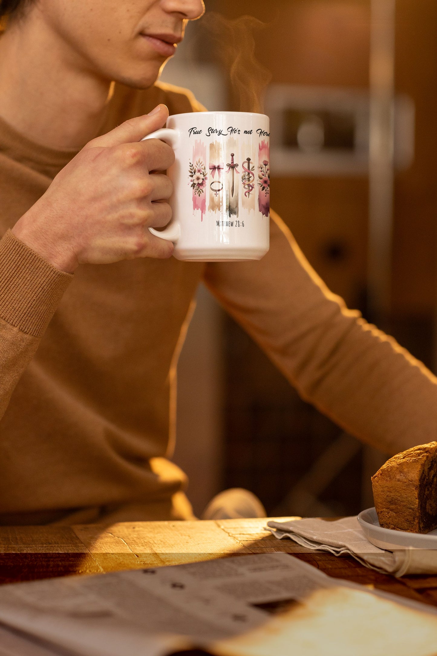 ''True Story He is Not Here'' Ceramic Coffee Mug , Religious, Faith Mug - a Gift for Christenings/Believers/Friends/Sisters/Mother.