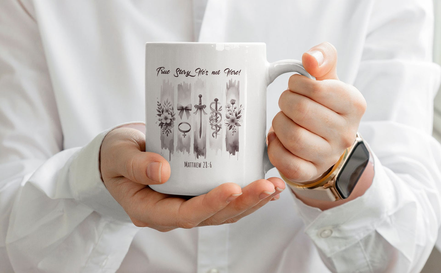 ''True Story He is Not Here'' Ceramic Coffee Mug (11oz, 15oz) , Religious, Faith Mug - a Gift for Christenings/Believers/Friends/Sisters/Mother.