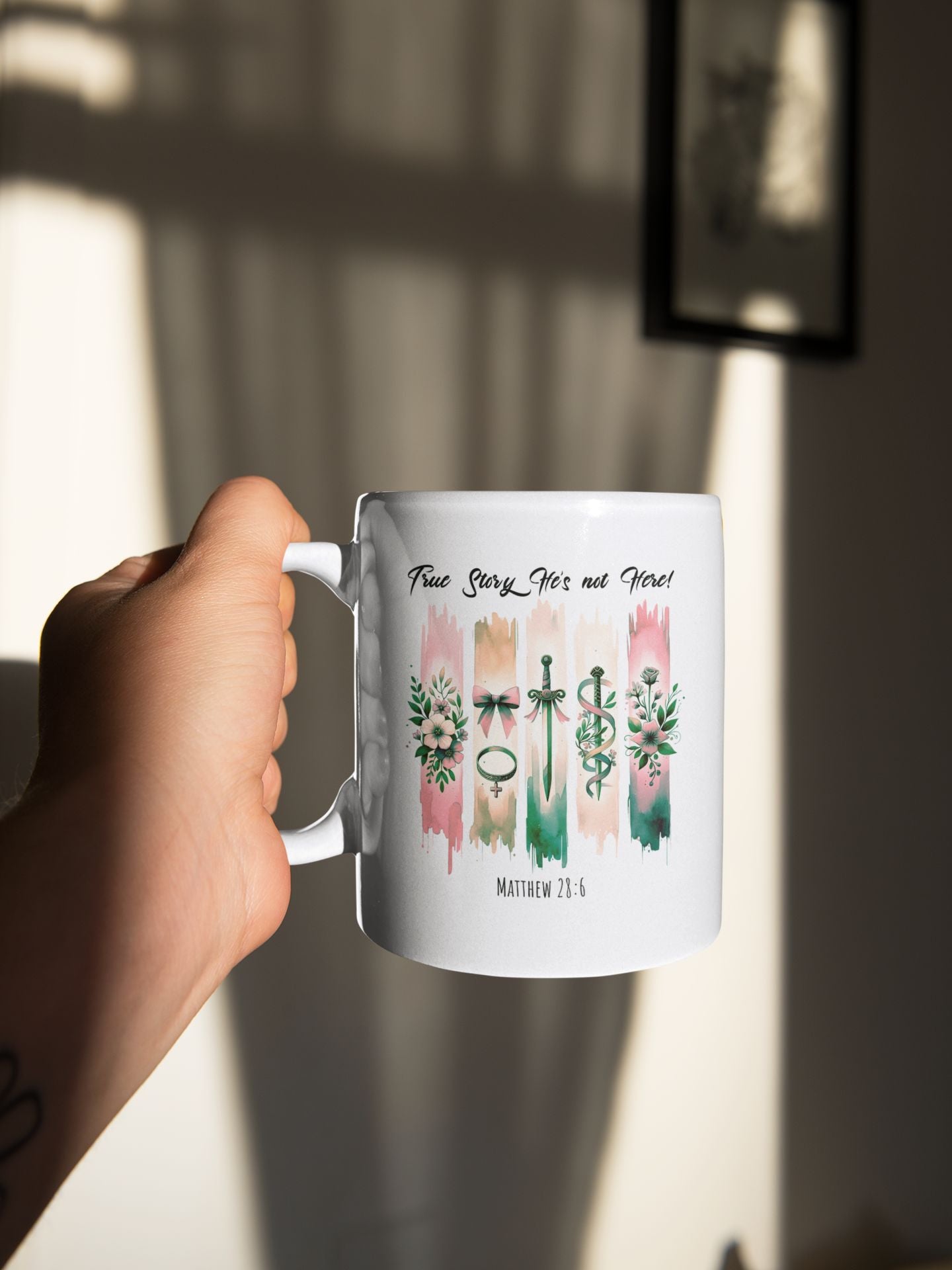 ''True Story He is Not Here'' Ceramic Coffee Mug (11oz and 15oz), Religious, Faith Mug - a Gift for Christenings/Believers/Friends/Sisters/Mother. - Ideal Gift for Friends & Family