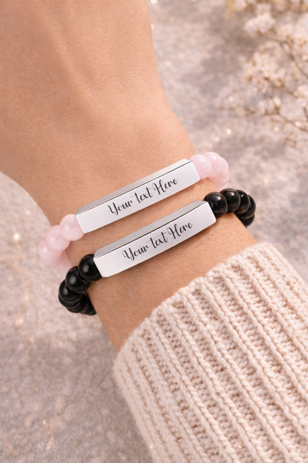 Engravable Natural Stone Stretch Bar Bracelet — Personalized Beaded Wristband- Gift for Husband/Wives/Mothers/Daughters.