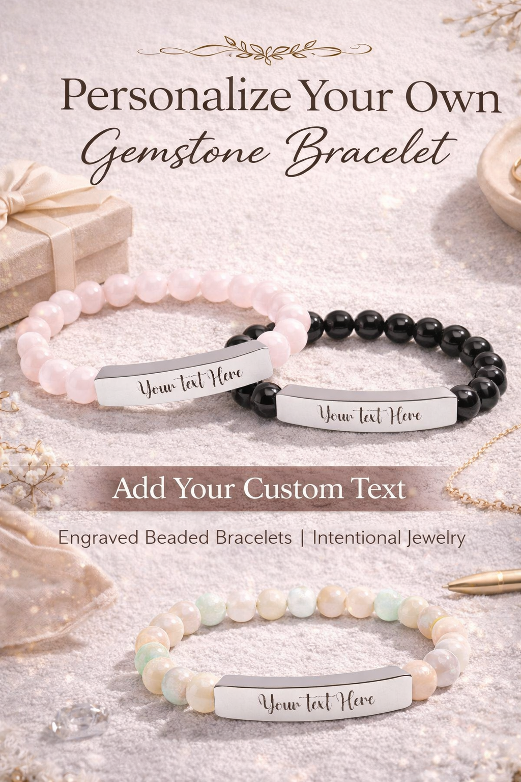 Engravable Natural Stone Stretch Bar Bracelet — Personalized Beaded Wristband- Gift for Husband/Wives/Mothers/Daughters.