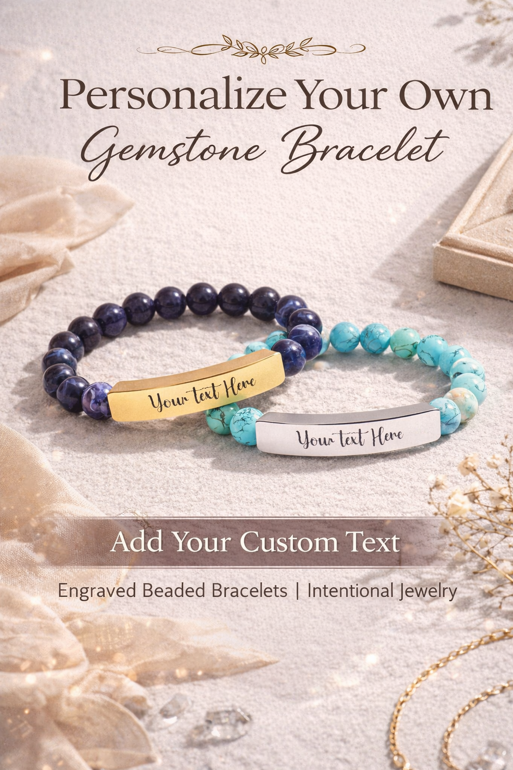 Engravable Natural Stone Stretch Bar Bracelet — Personalized Beaded Wristband- Gift for Husband/Wives/Mothers/Daughters.