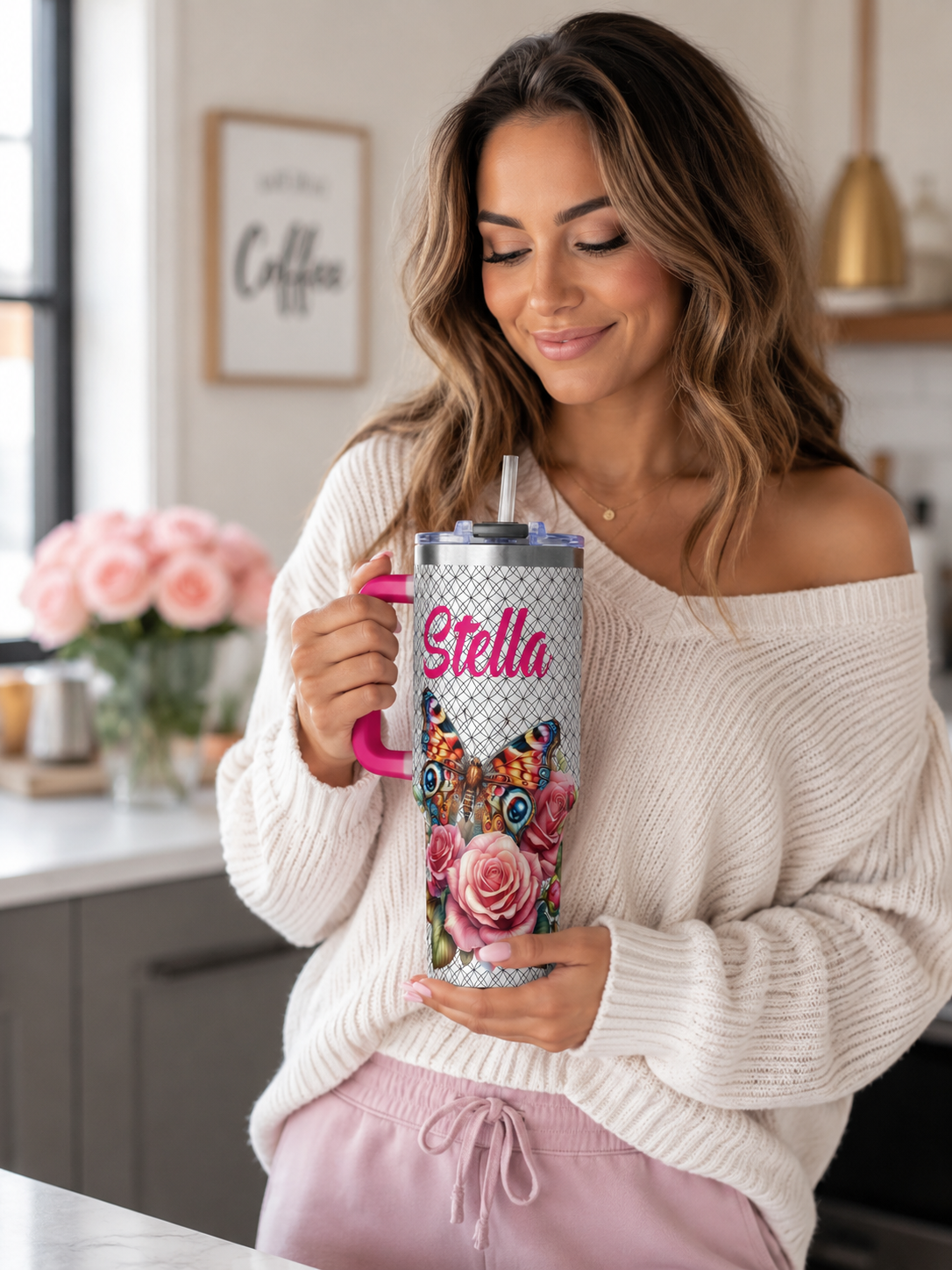 40oz Floral Butterfly Tumbler — Personalized "Name and Affirmation" Vacuum Insulated Cup