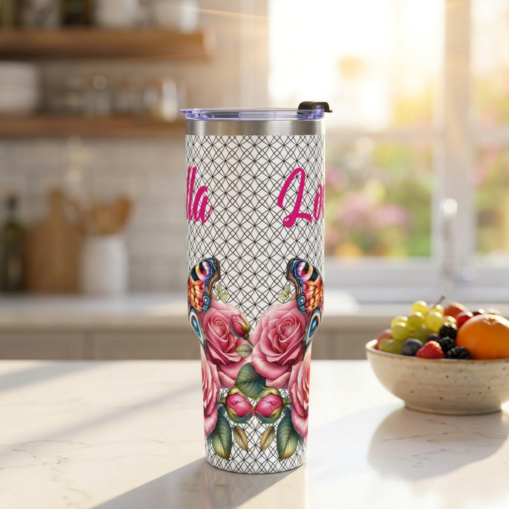 40oz Floral Butterfly Tumbler — Personalized "Name and Affirmation" Vacuum Insulated Cup