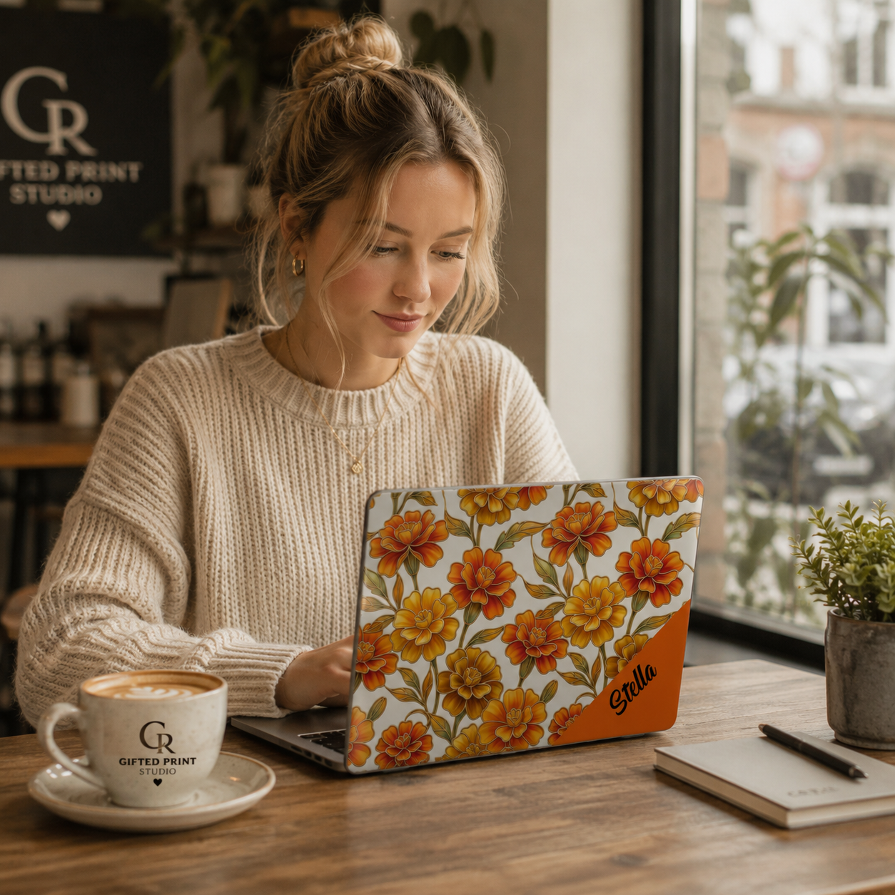 Stained Glass effect Marigold Flower Matte MacBook Case | Personalized Corner Name