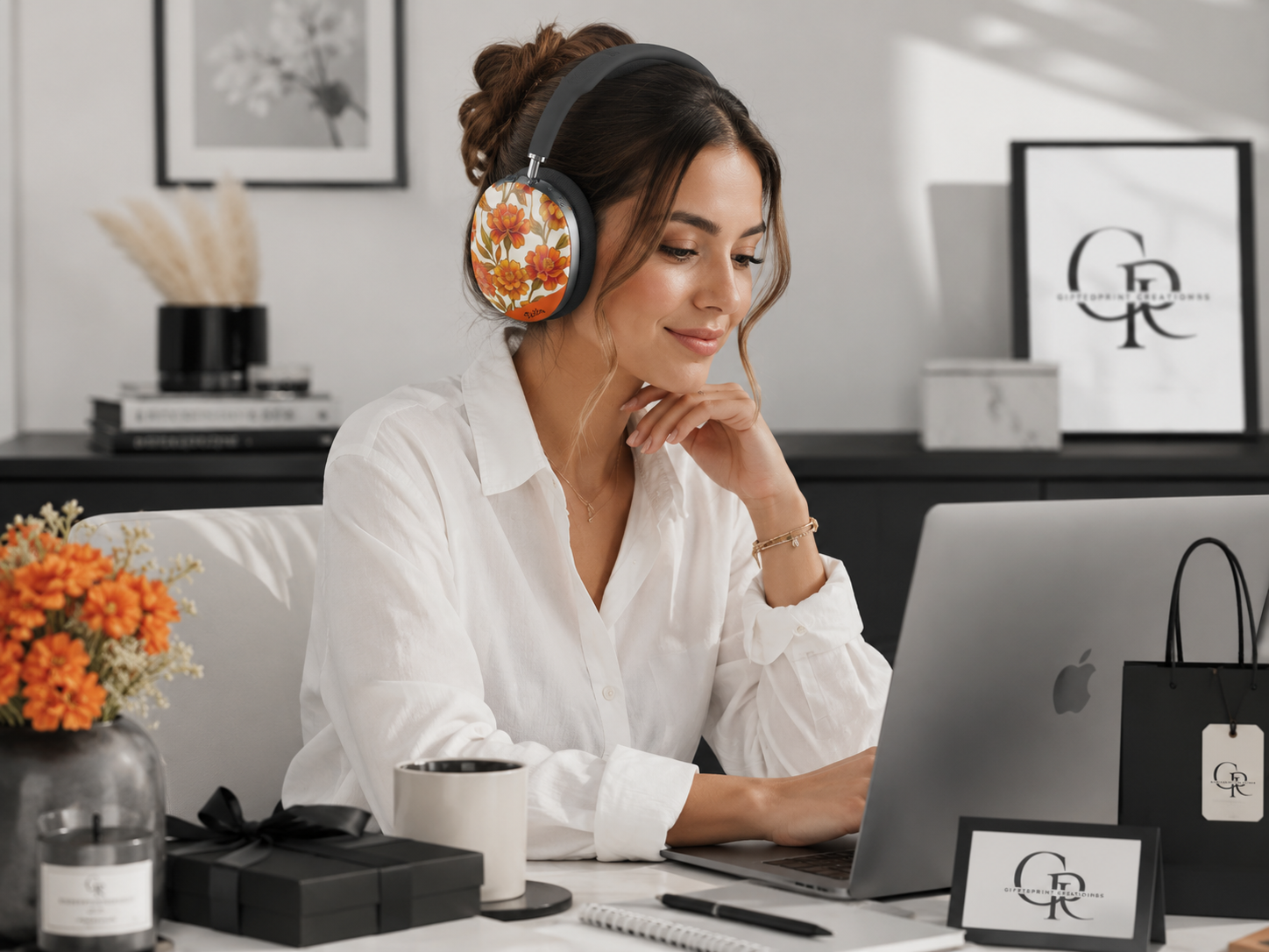 Personalized Floral Marigold Stained Glass Effect Bloom AirPod Max Covers — Retro Flower Protective Skins