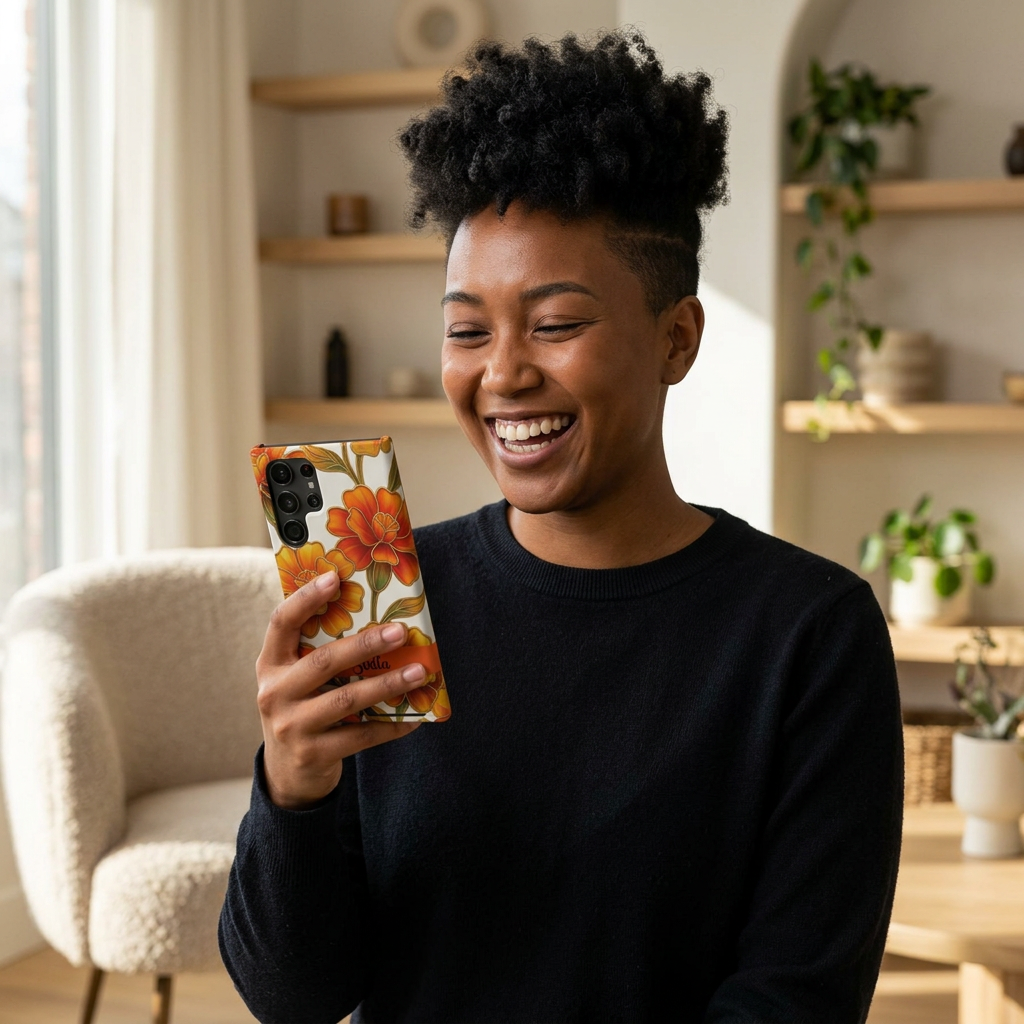 Personalized Orange Stained Glass Effect Marigold Floral Cardholder iPhone and Samsung Case