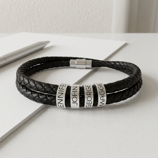 Engravable Personalized Black Braided Leather Bracelet with Stainless Steel Beads- a gift for Dad/Fathers/Brothers/Grooms.
