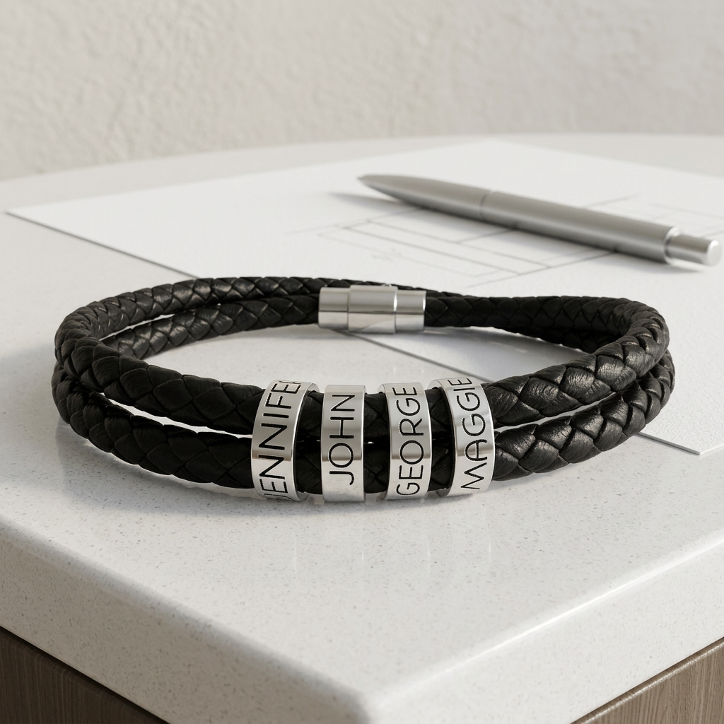 Engravable Personalized Black Braided Leather Bracelet with Stainless Steel Beads- a gift for Dad/Fathers/Brothers/Grooms.