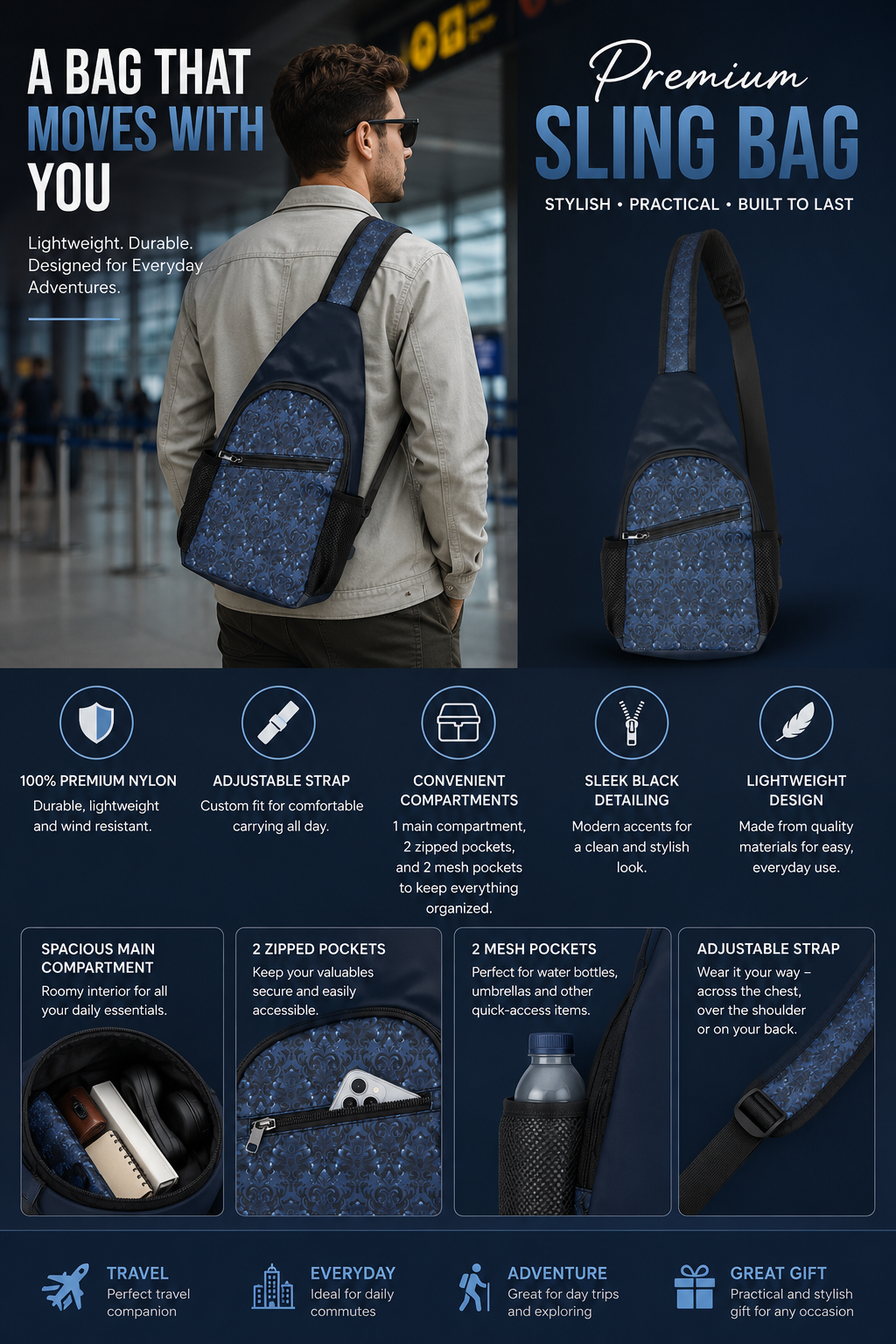 Stylish Opulent Dusk Sling Chest Bag with Elegant Pattern, Cross Body Sling Bag, Chest Bag, Crossbody Backpack, Travel Bag