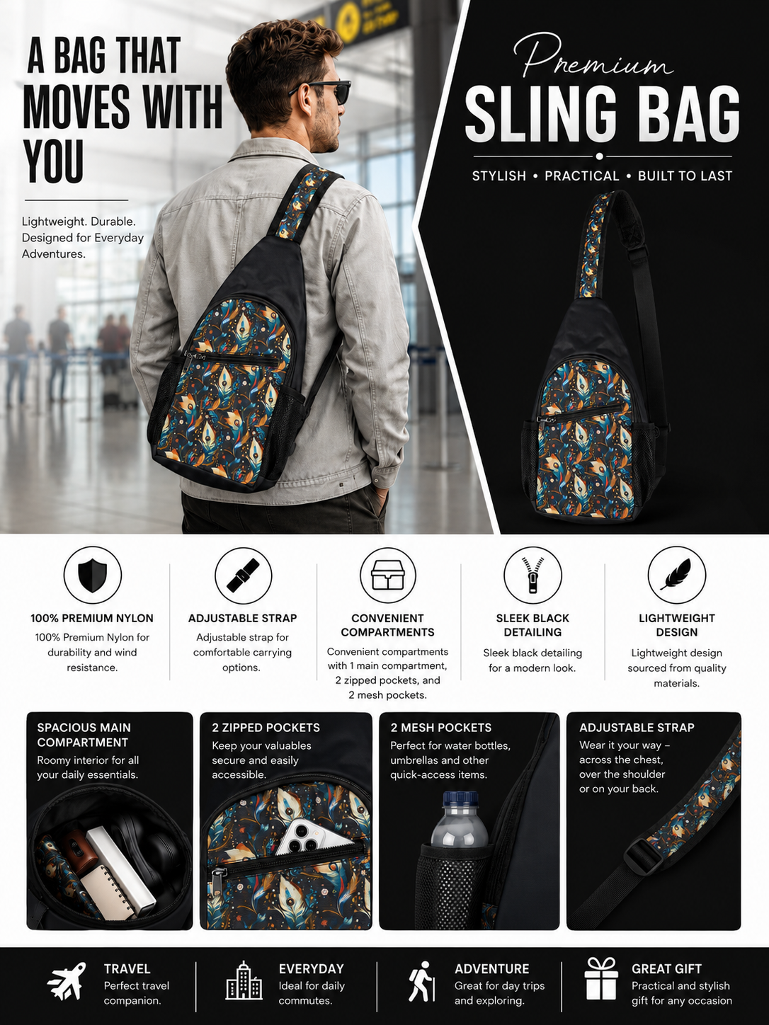 Ethereal Feathers Chest Bag - Stylish Sling Bag for Everyday Adventures, Cross Body Sling Bag, Chest Bag, Crossbody Backpack, Travel Bag