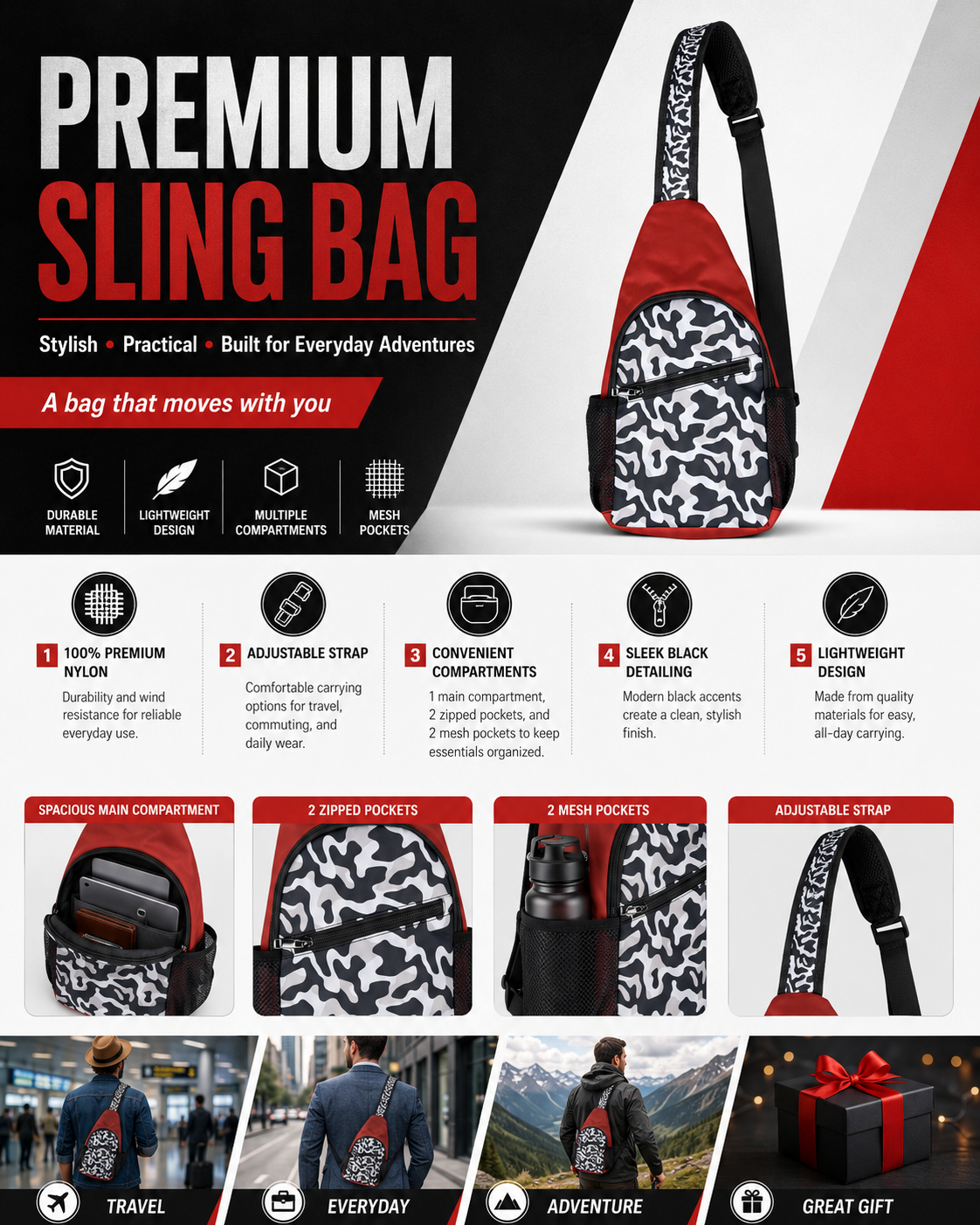 Urban Camo Chest Bag - Stylish Sling Backpack for Everyday Adventures, Cross Body Sling Bag, Chest Bag, Crossbody Backpack, Travel Bag.