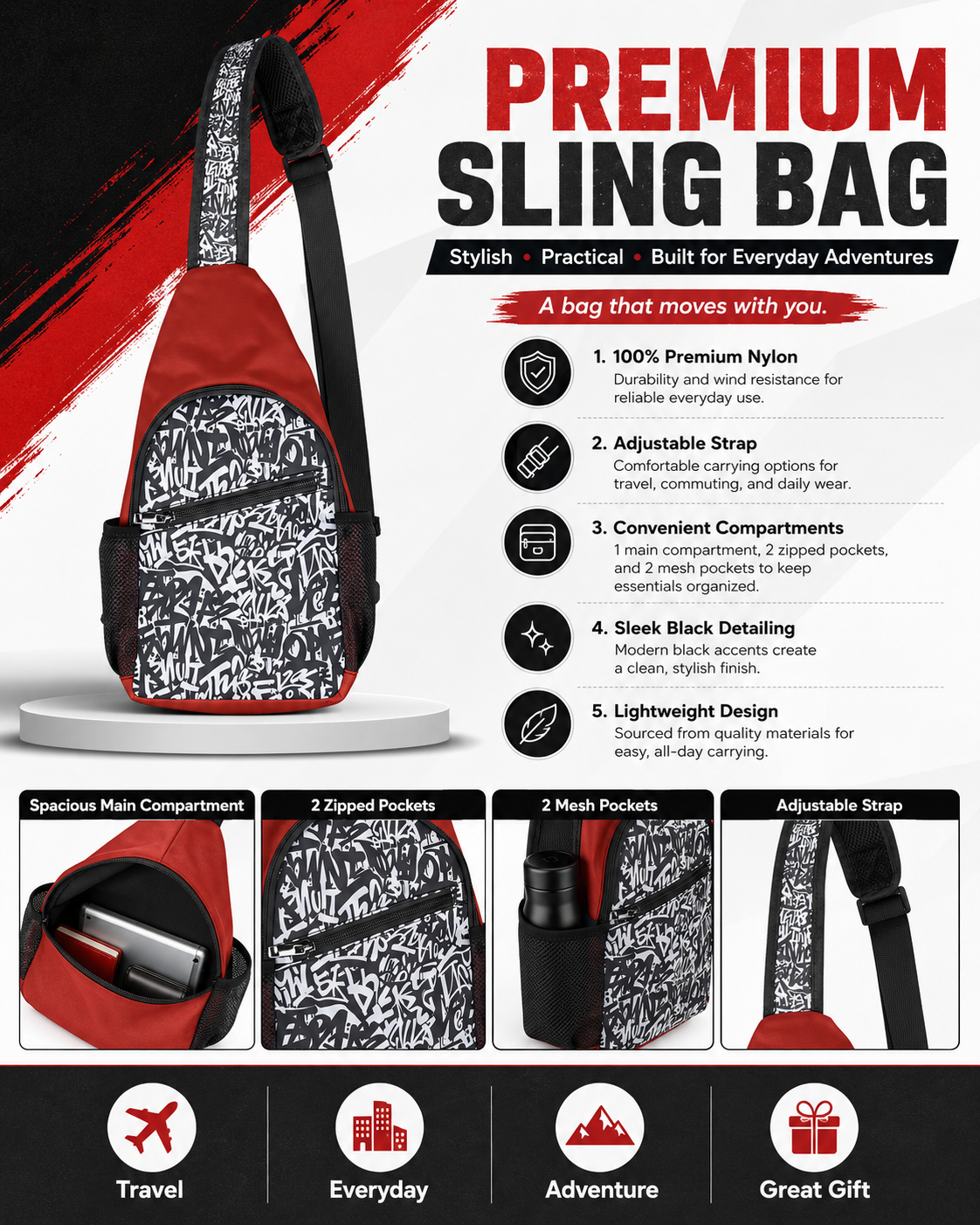 Trendy Urban Graffiti Chest Bag - Sling Satchel for Urban Adventures, Cross Body Sling Bag, Chest Bag, Crossbody Backpack, Travel Bag