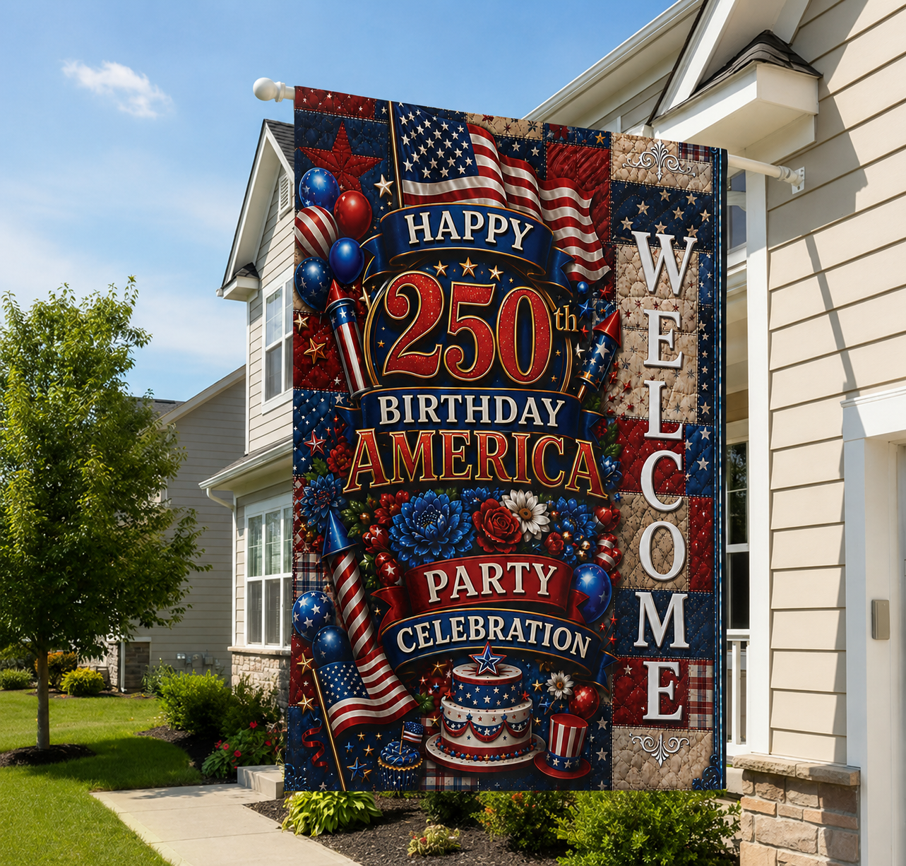 Patriotic "Happy 250th Birthday America" Outdoor Welcome Flag — 4th of July Celebration Garden Flag