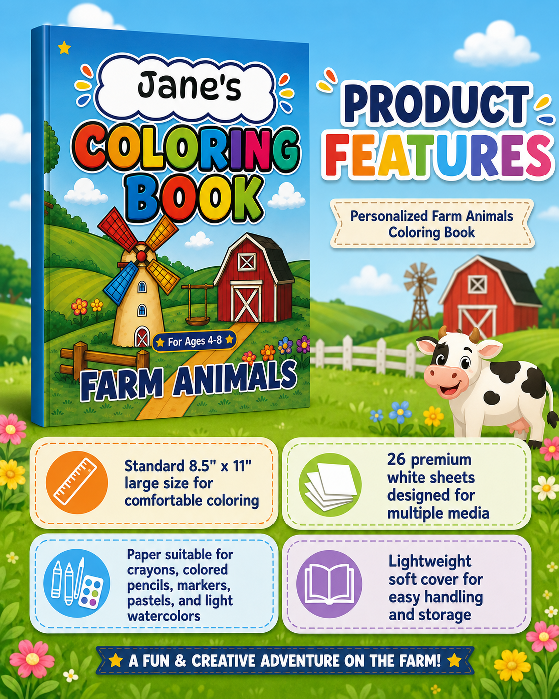 Farm Animals Coloring Book — Personalized Kids' Activity Book (Ages 4-8)