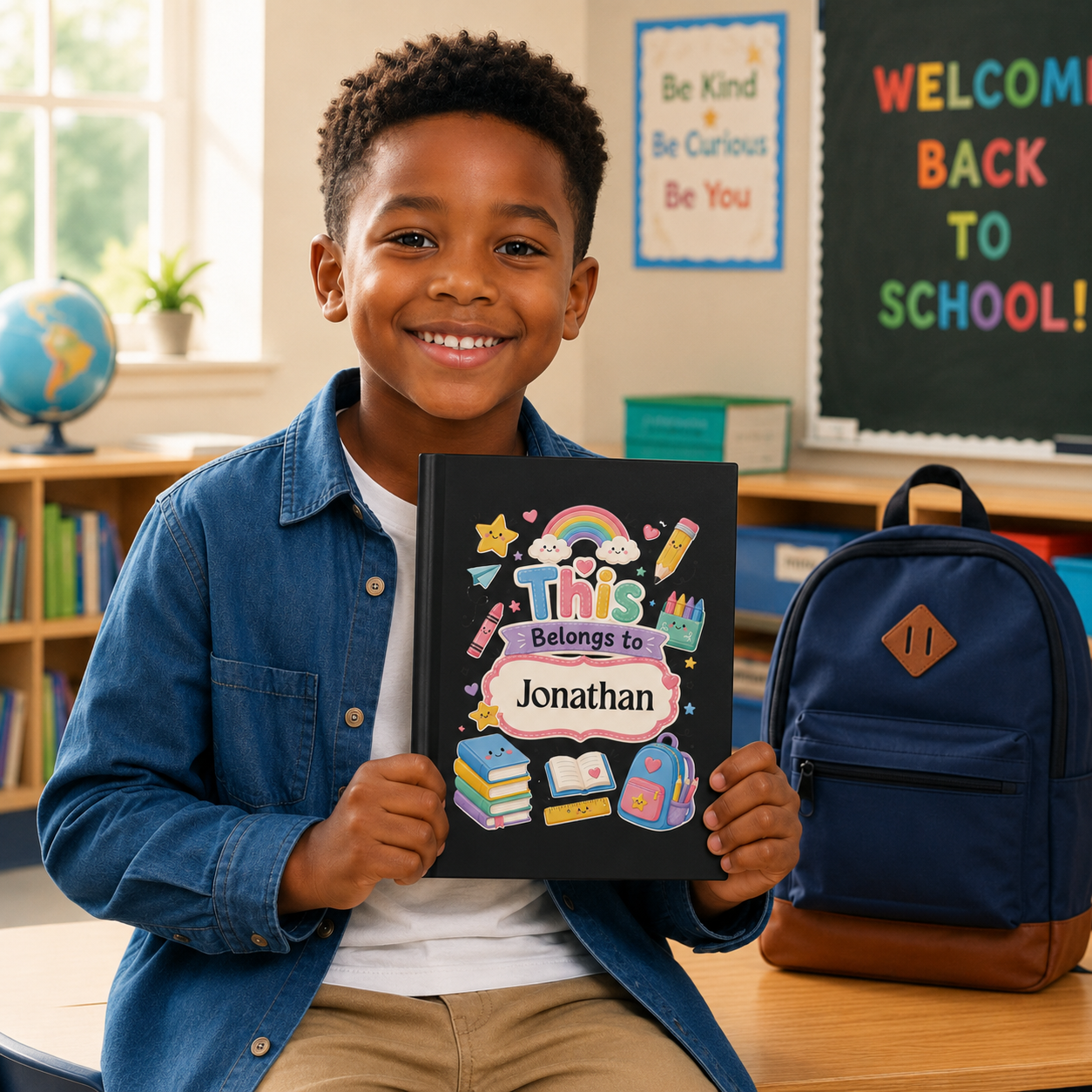 Personalized Kids Black Hardcover Notebook — "This Belongs to [Name]" Cute School Notebook/Back to School