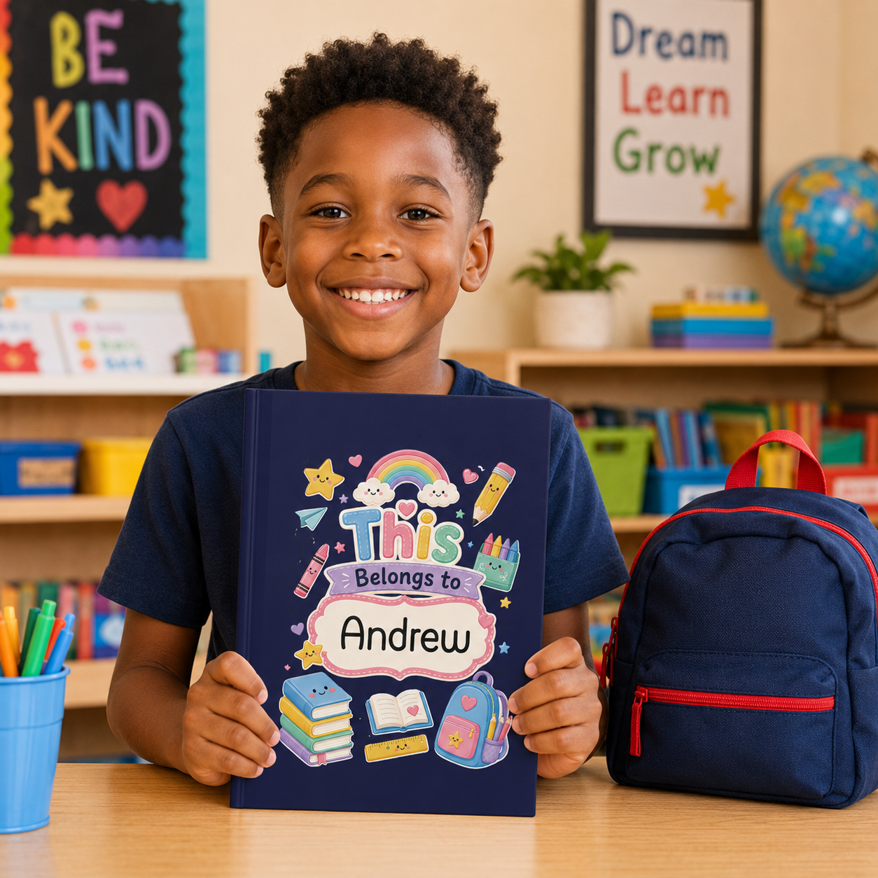 Personalized Kids Navy Hardcover Notebook — "This Belongs to [Name]" Cute School Notebook/Back to School.
