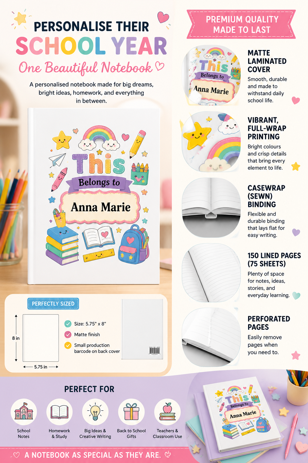 Personalized Kids Pink Hardcover Notebook — "This Belongs to [Name]" Cute School Notebook/Back to School.