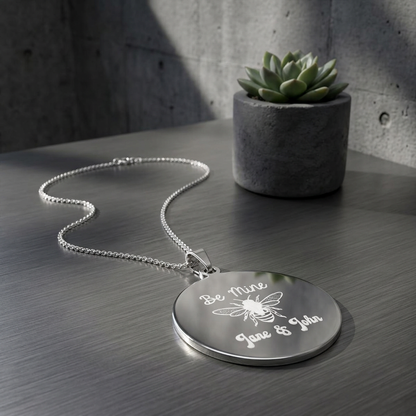 Round Bee Photo Pendant Necklace – “Be Mine” Engraved Gift