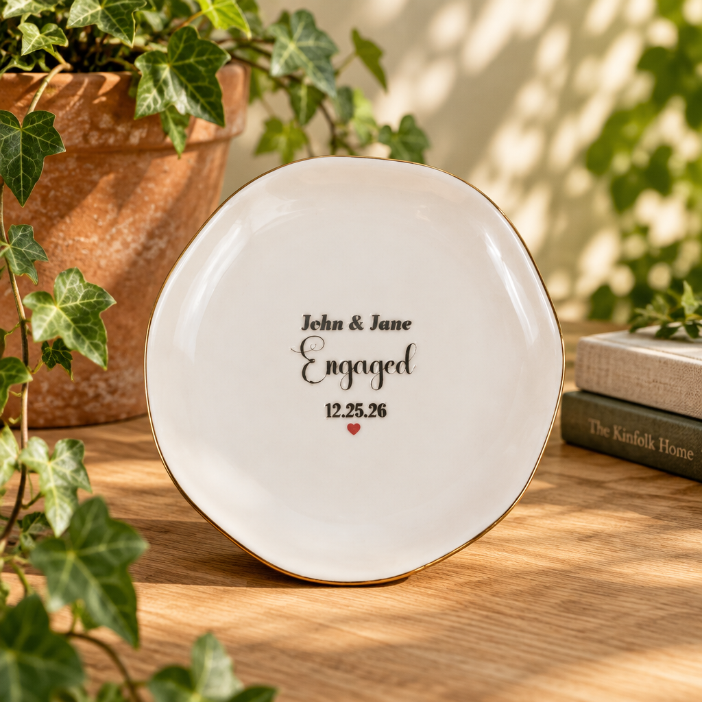 Personalized Engaged Elegant Ceramic Trinket Tray with Gold Edge- gift for wife/girlfriend.