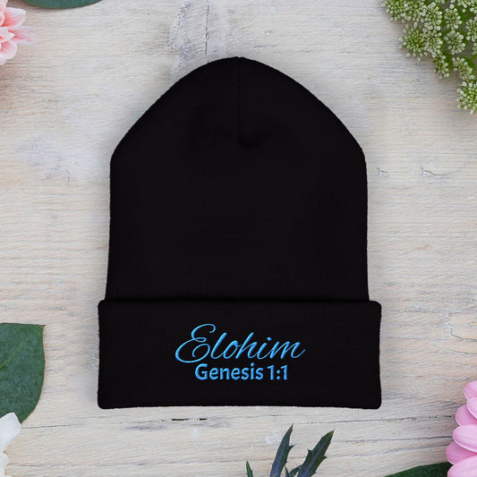 Teal Embroidered 'ELOHIM, GENESIS 1:1' Classic Cuffed Beanie - Cozy Winter Hat, Streetwear Accessory, Personalized Gifts, Religious Apparel, Unisex Beanie