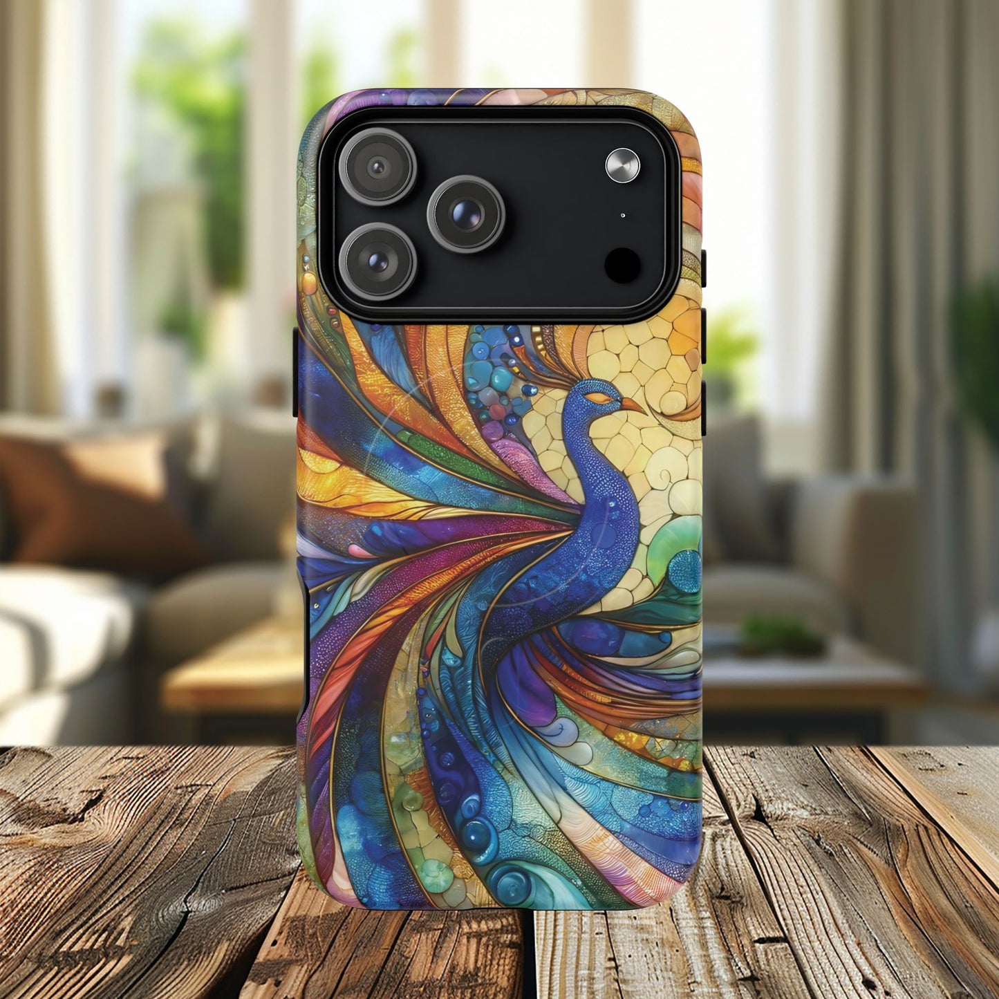 Mosaic Peacock Feathers Magnetic Phone Case, Tough Phone Shell, Vibrant Art Case, Gift for Her, Unique Phone Accessory, Wildlife Lover's Gift, Stained Glass Case.