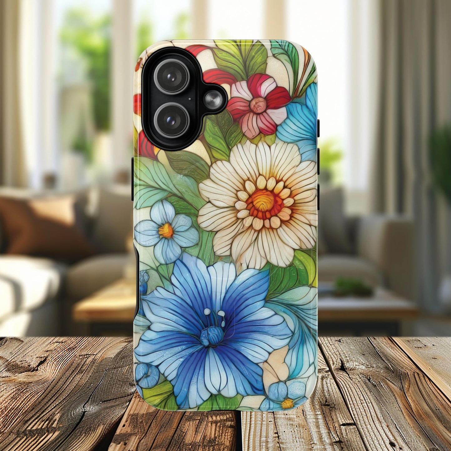 Botanical Radiance Tough iPhone Magnetic Case, Customizable Durable iPhone Cover | Ideal Gift for Nature Lovers, Floral Stained Glass Gift