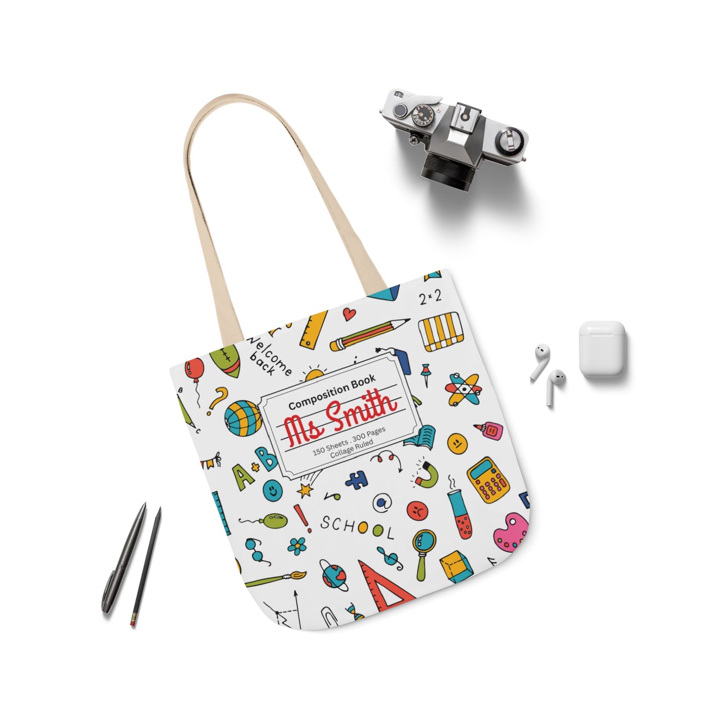 Personalized Classroom Couture Composition Book Inspired Canvas Tote Bag with Colorful Straps, Cute School Bag, Eco-Friendly Tote, Back to School Shopping Bag, Teacher Gift Idea
