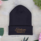 Brown Embroidered 'ELOHIM, GENESIS 1:1' Classic Cuffed Beanie - Cozy Winter Hat, Streetwear Accessory, Personalized Gifts, Religious Apparel, Unisex Beanie