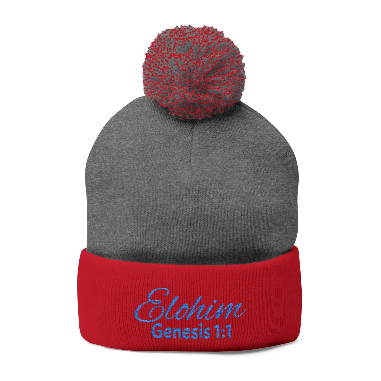 Pom-Pom Knit Cap with 'ELOHIM, GENESIS 1:1'  Embroidery Beanie - Stylish Winter Accessory for All Ages, Perfect Gift for Birthdays, Holidays, and Outdoor Activities
