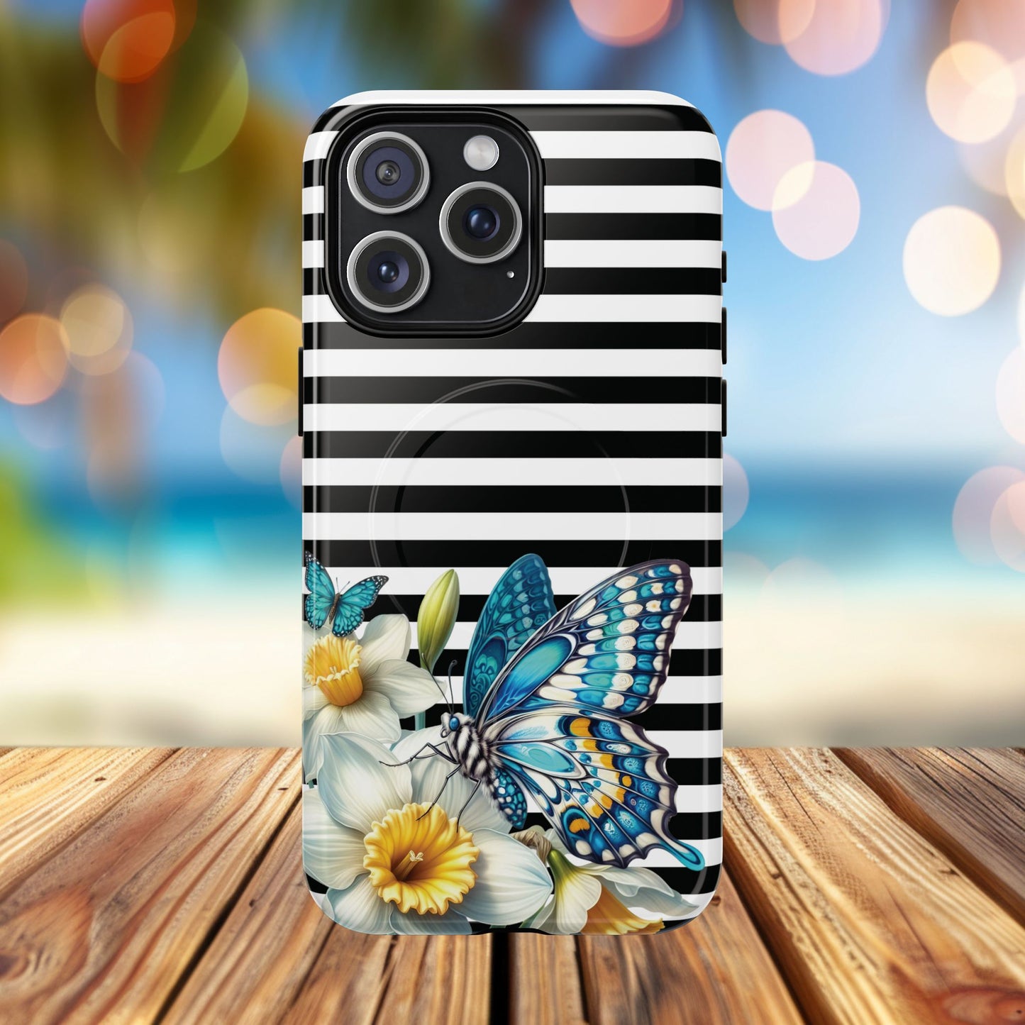 Daffodil Flutter Tough iPhone Magnetic Case, Floral iPhone Accessories, Stylish iPhone Cover, Black Striped Design, Gift for Her, Trendy iPhone