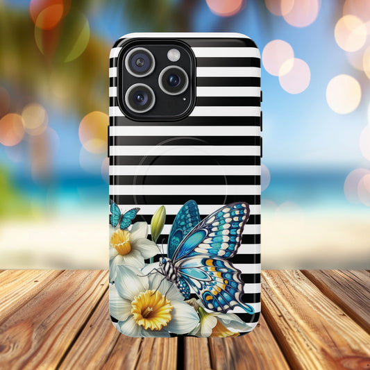 Daffodil Flutter Tough iPhone Magnetic Case, Floral iPhone Accessories, Stylish iPhone Cover, Black Striped Design, Gift for Her, Trendy iPhone