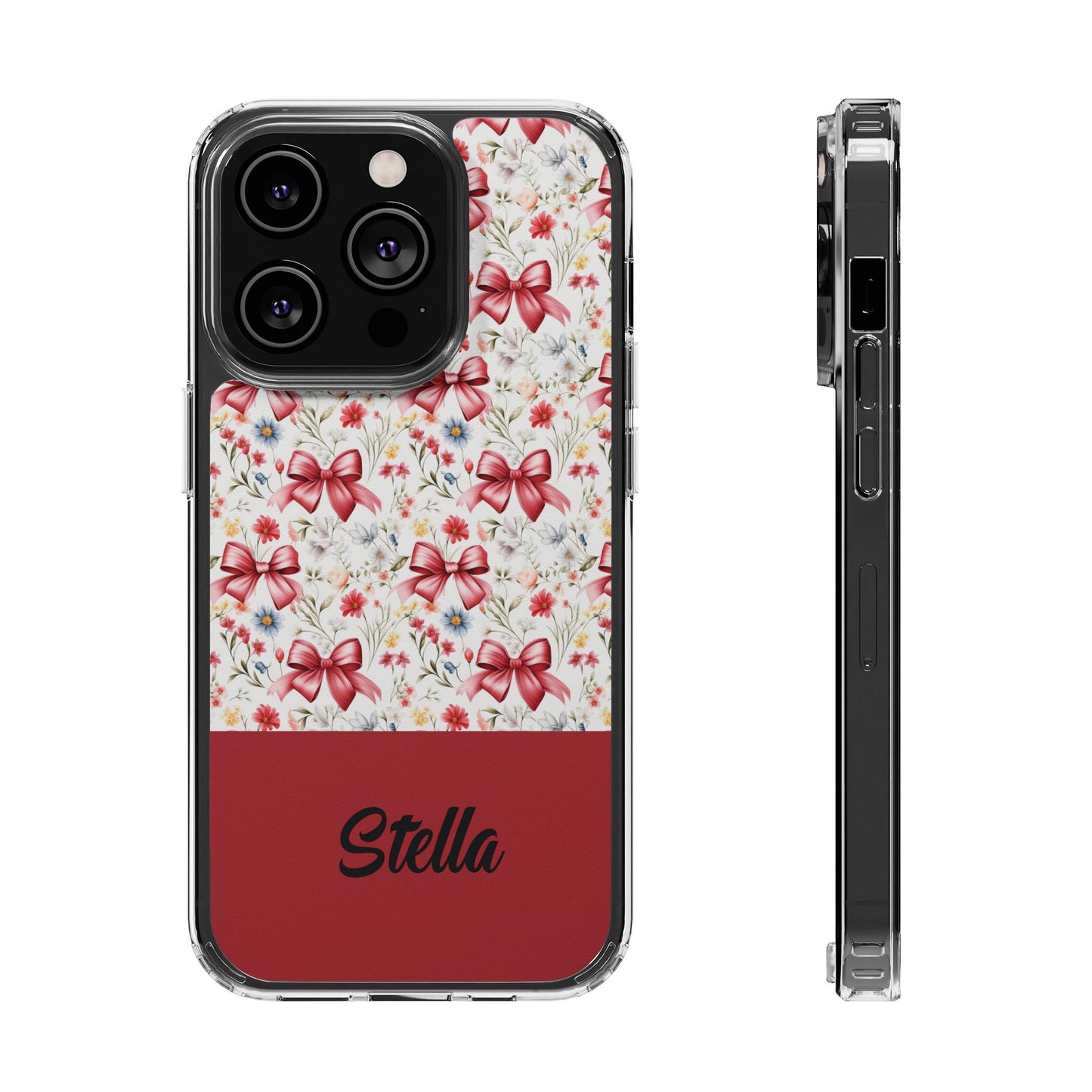 Personalized Rosette Coquette Floral Bow Clear iPhone, Samsung Cases — Custom Name Phone Cover