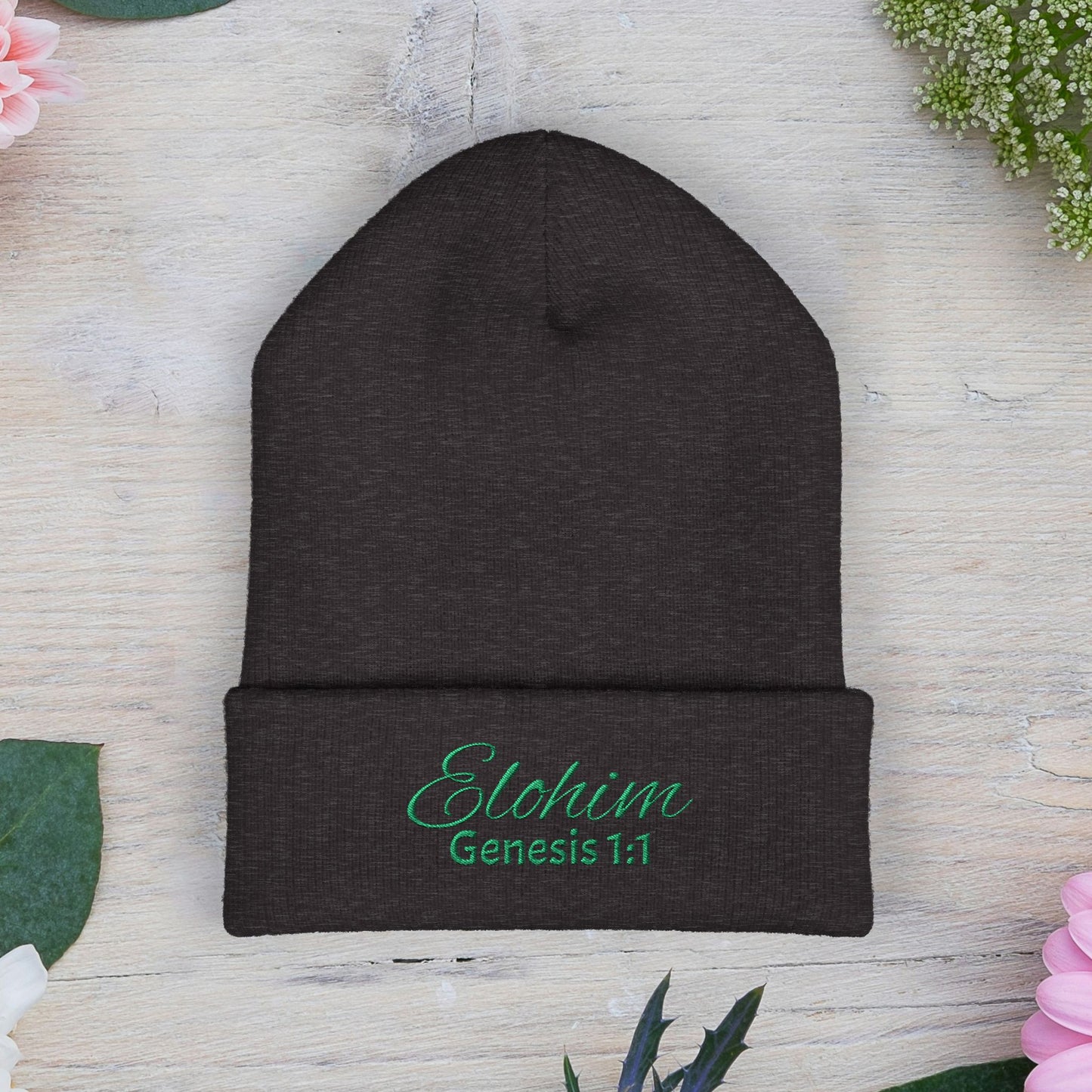 Green Embroidered 'ELOHIM, GENESIS 1:1' Classic Cuffed Beanie - Cozy Winter Hat, Streetwear Accessory, Personalized Gifts, Religious Apparel, Unisex Beanie