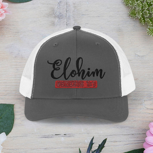 Embroidery 'ELOHIM, GENESIS 1:1' Faith Snapback Trucker Cap - Religious Hat, Stylish Accessory, Gift for Believers, Casual Wear, Outdoor Events, Faith-Based, Name of GOD.