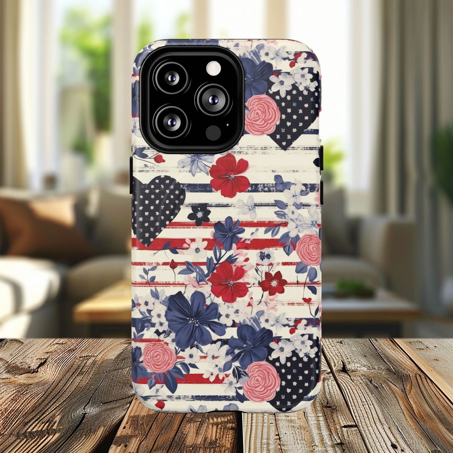 Patriotic Floral Phone Case, Tough Magnetic Cases, American Flag Design, Gift for Her, Independence Day Accessories