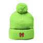 Cozy Pom-Pom Coquette Knit Cap with Embroidered Red Bow